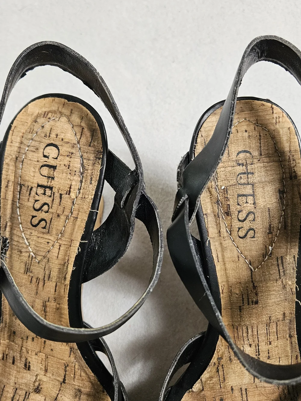 Guess Black Strappy Cork Platform Wedge Sandals Silver G Logo Size 8